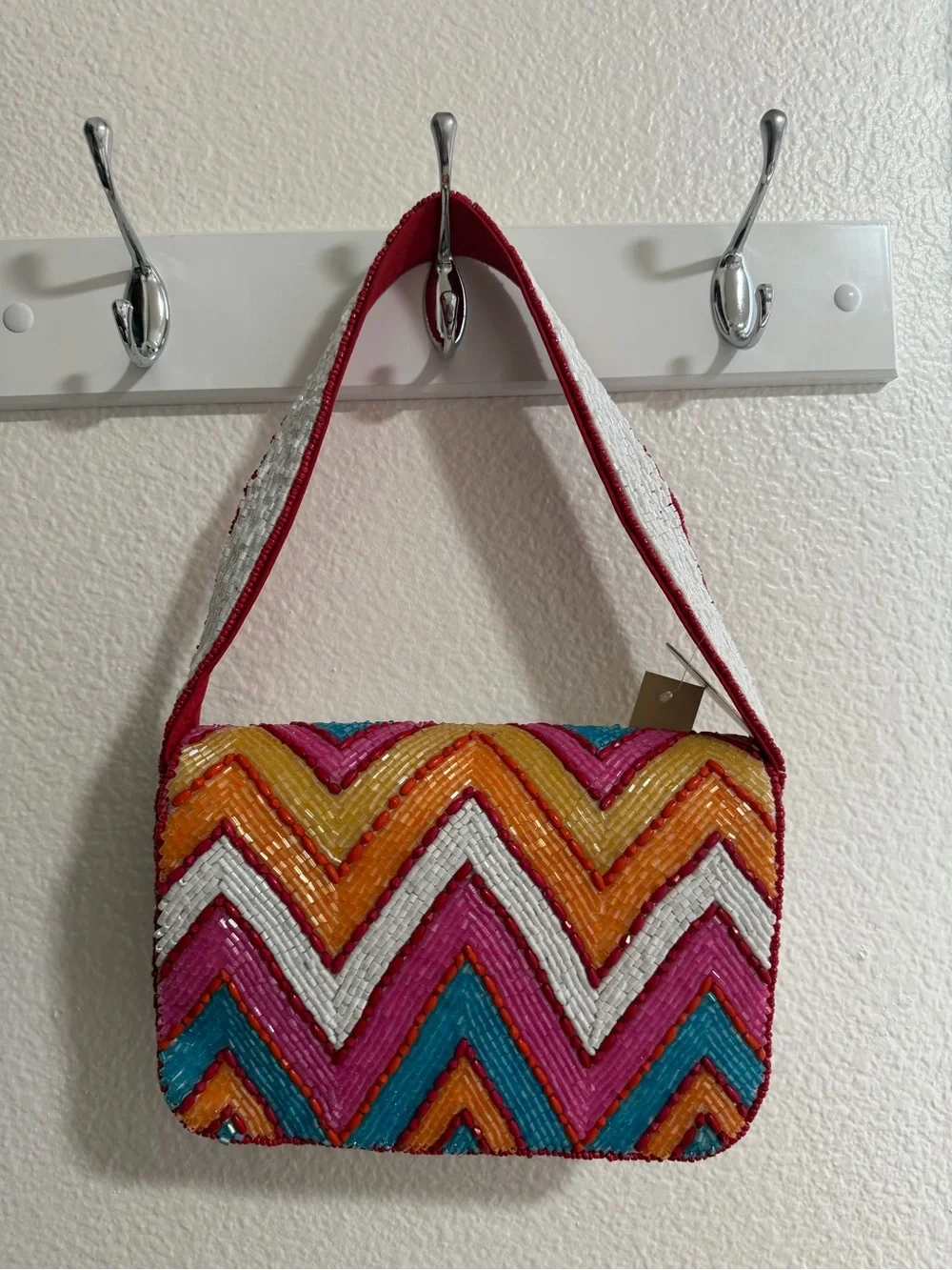 Colorful Beaded Chevron Shoulder Bag in Red, Pink, Orange, Blue & White